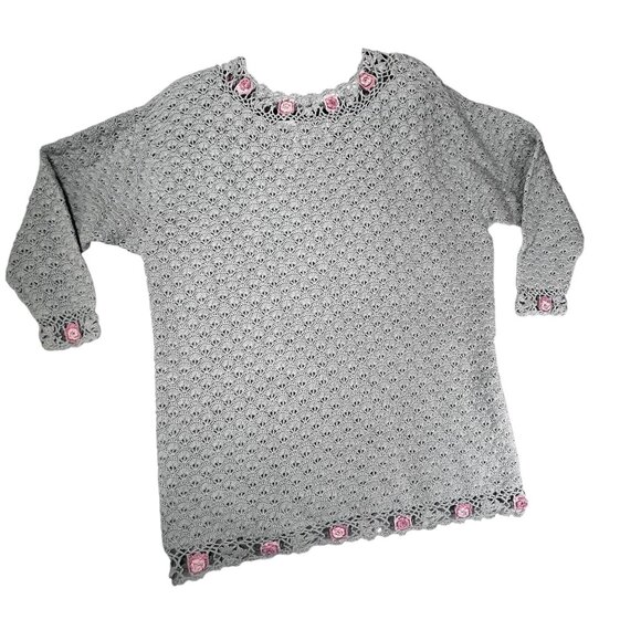 Vintage Handmade Crochet Green Tunic Sweater Pink Roses Colleens Collectables - Picture 3 of 13